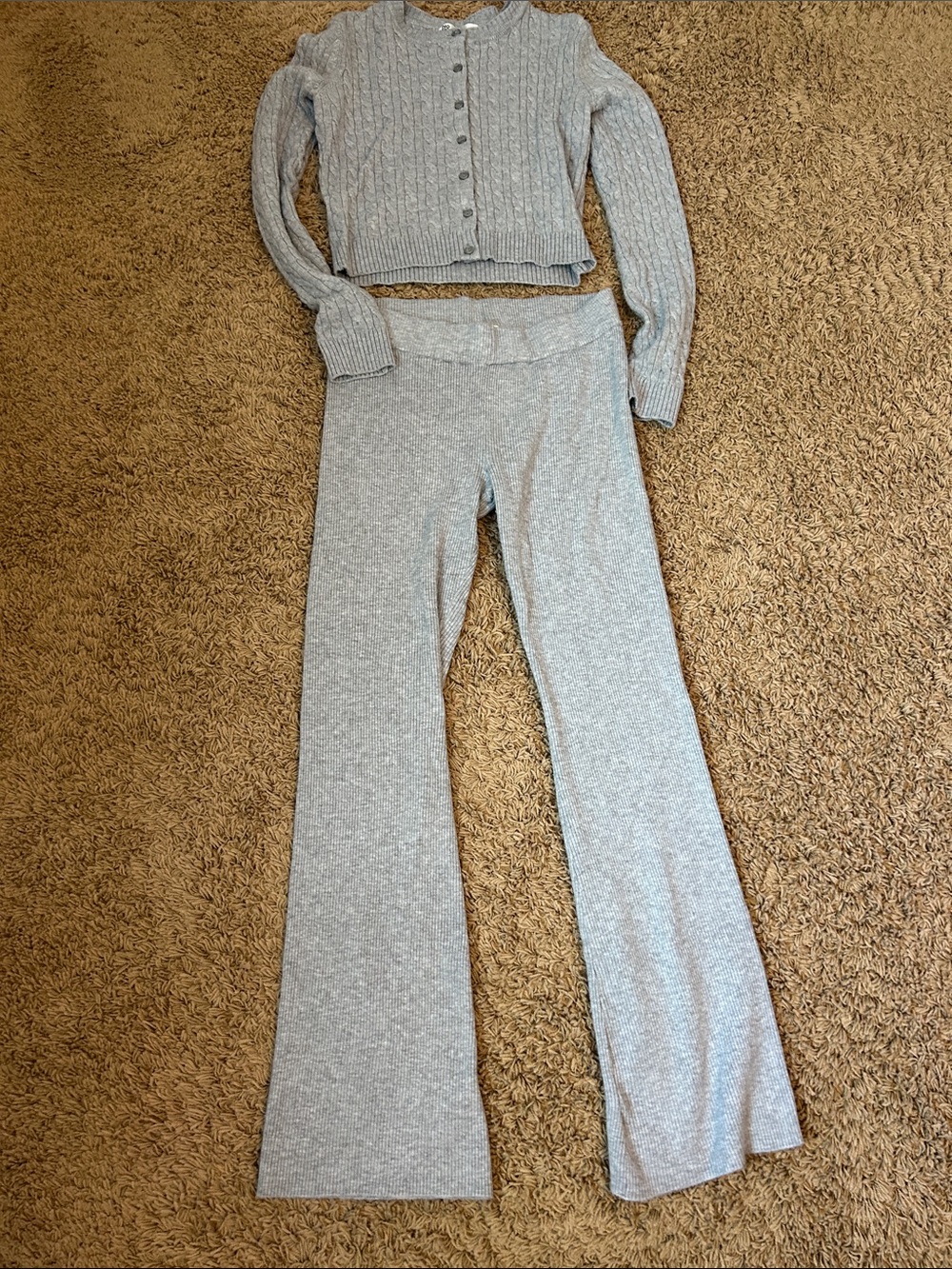 No boundaries gray cable knit flare pants and button up sweater size medium